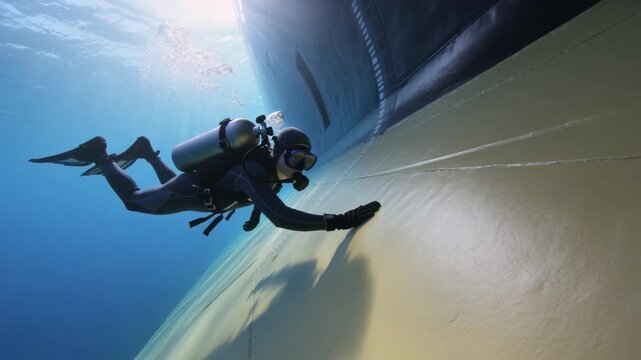Approaching scuba diver touching pale-yellow hull seam while kicking fins, inspecting with cylinder