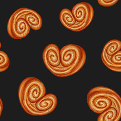 Fototapeta premium Watercolor seamless pattern with a variety of baked goods. Perfect for bakeries, coffee shops, packaging, branding, menu and design, cookbooks, and recipes. Hand-drawn bakery background.
