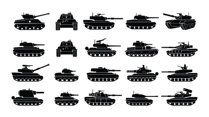 Military tank silhouettes set, 20 armored vehicle icons in black vector format, heavy artillery and war machine collection for tactical design © Sharifa
