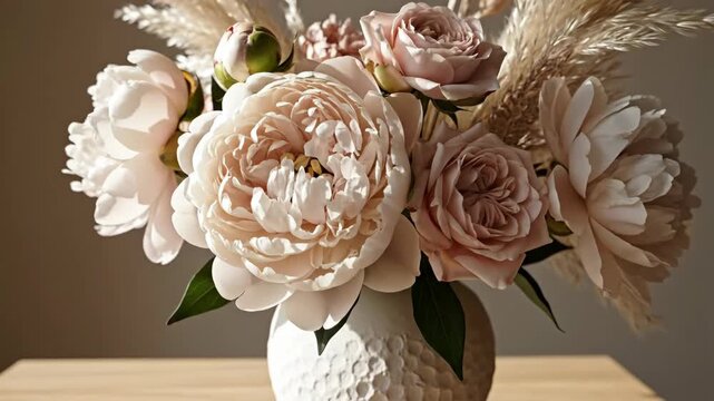 A textured white vase holds lush peonies and pampas grass set against a soft-focus neutral background