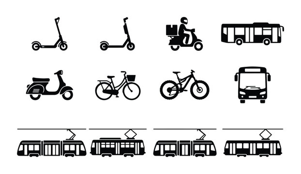 Urban transportation icons set, black silhouette city vehicles and public transit symbols, 12 vector elements for mobility and delivery infographics