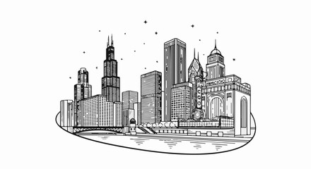 Obraz premium Striking black and white sketch of a vibrant city skyline at night