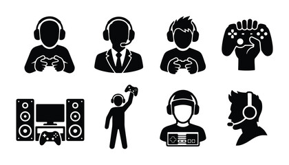 Esports gaming icons set, professional gamer silhouettes with headsets and controllers, 8 black vector symbols for video game streaming and competition © Rima