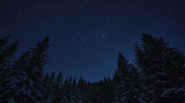Epic Winter Night Starry Sky and Snow-Covered Forest Illumination