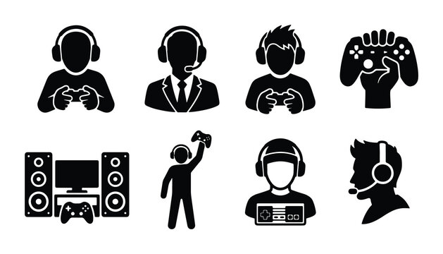 Esports gaming icons set, professional gamer silhouettes with headsets and controllers, 8 black vector symbols for video game streaming and competition