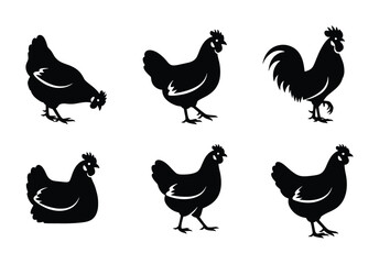 Black chicken silhouettes set, farm bird vector icons, rooster and hen poultry collection, rustic livestock graphics for organic food branding © Roksana