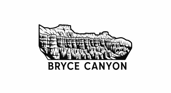 Stylized black and white illustration of a rocky canyon landscape