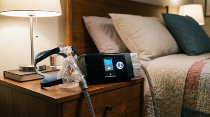 Fototapeta premium CPAP machine on bedside table beside comfortable bed.