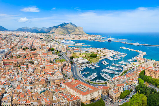 Palermo city port aerial panoramic view in Sicily