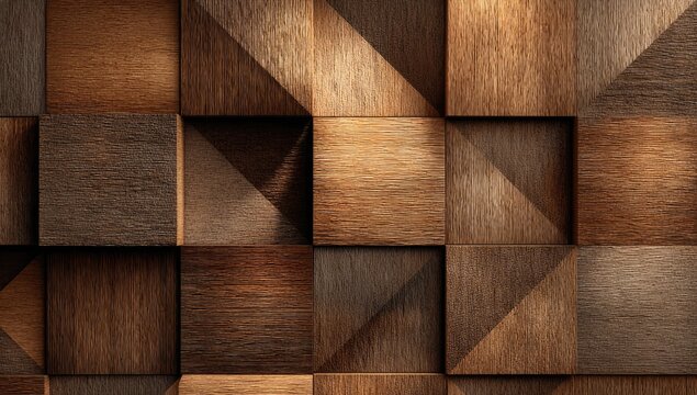 A detailed close-up showcases a textured wooden wall composed of interlocking geometric blocks, highlighting the natural grain and warm tones of the wood.