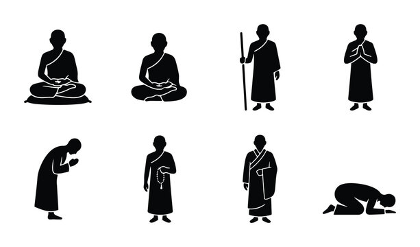Buddhist monk silhouette icon set, spiritual zen meditation poses vector, religious monk figures in traditional robes, 8 black minimalist icons