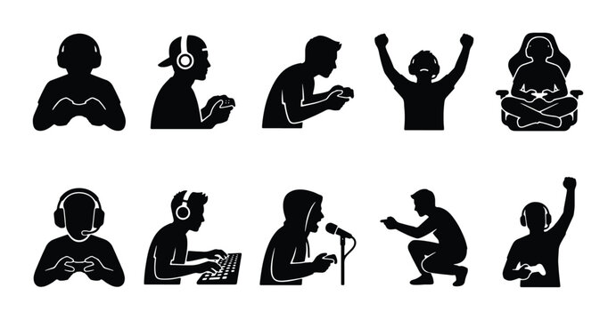 Gamer silhouette icon set, professional esports player avatars with headsets and controllers, 10 black vector gaming character symbols for streaming and web design