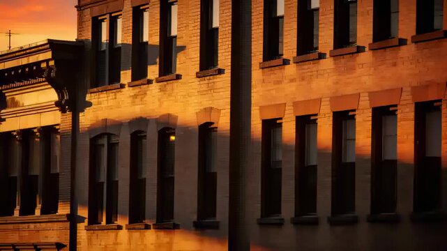 Shifting sunlight sliding diagonal shadow down urban brick facade at sunset, revealing aerial