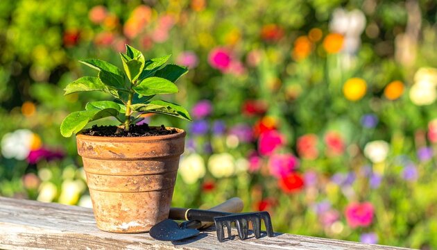"Terracotta pot with green plant beside gardening tools, vibrant flowers bloom in background, symbolizing nurture, growth, and the harmonious balance of nature and human care."
