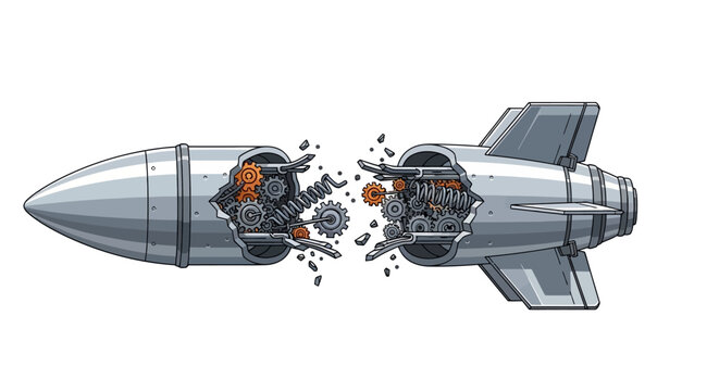 Broken silver rocket with exposed gears and internal mechanical components.