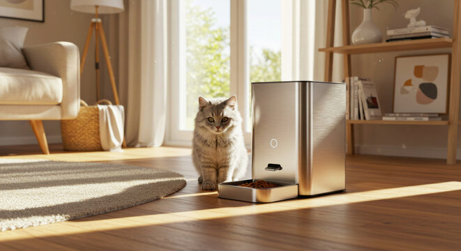 Grey fluffy cat sits patiently next to a modern automatic pet feeder with kibble in a sunlit living room. Intelligent home device for pet care.