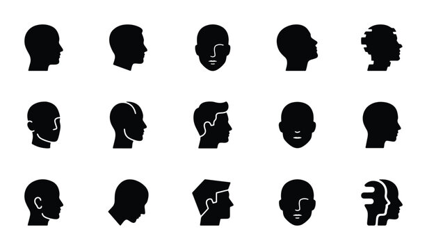 Minimalist human head profile icons, set of 15 black silhouette male face avatars, flat vector head symbols for psychology and identity design