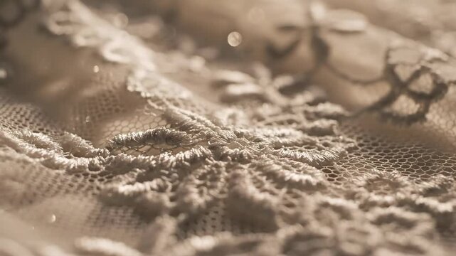 Close-up of intricate lace fabric with detailed floral patterns and soft lighting highlighting texture