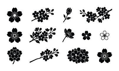 Japanese cherry blossom silhouettes, black sakura flower icons and floral branches, 12 botanical vector elements for spring wedding invitations © Khadija