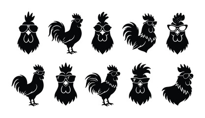 Cool rooster silhouette collection, 10 black rooster icons wearing sunglasses, funny chicken head and farm bird vector set for t-shirt design © MdZahirul