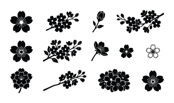 Japanese cherry blossom silhouettes, black sakura flower icons and floral branches, 12 botanical vector elements for spring wedding invitations