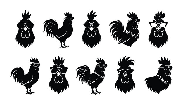 Cool rooster silhouette collection, 10 black rooster icons wearing sunglasses, funny chicken head and farm bird vector set for t-shirt design