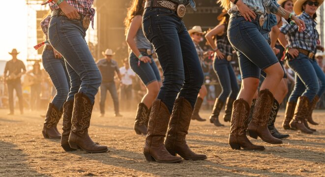 Group of women in cowboy boots line dancing at a country music festival. Western culture and outdoor event for entertainment and leisure.