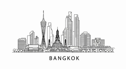 Obraz premium Stylized black and white line art skyline of Bangkok with temples and skyscrapers