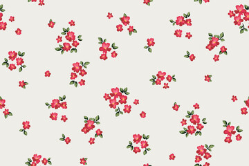 Seamless floral pattern, liberty ditsy print in romantic motif. Cute botanical design of small hand drawn plants, tiny red flowers, leaves, simple mini bouquets, white background. Vector illustration. © Yulya i Kot