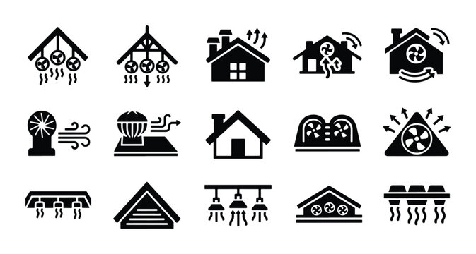 HVAC ventilation system icons, 15 black house air cooling and heating symbols, residential attic fan and roof vent vector set, home climate control graphics
