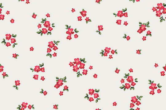 Seamless floral pattern, liberty ditsy print in romantic motif. Cute botanical design of small hand drawn plants, tiny red flowers, leaves, simple mini bouquets, white background. Vector illustration.
