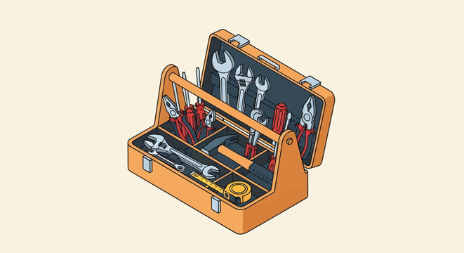 Isometric toolbox vector illustration with professional hand tools, orange metal tool box for construction and home repair, carpentry equipment set with hammer and wrenches for workshop isolated