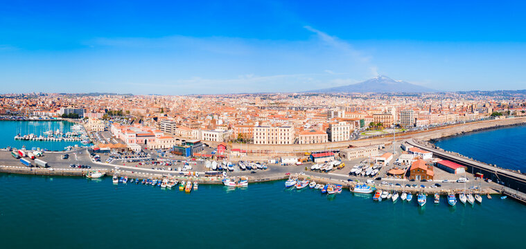 Catatania city port aerial panoramic view, Italy