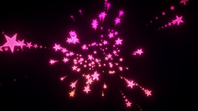 Abstract background of glowing pink stars flying towards camera in seamless motion loop for celebrations.