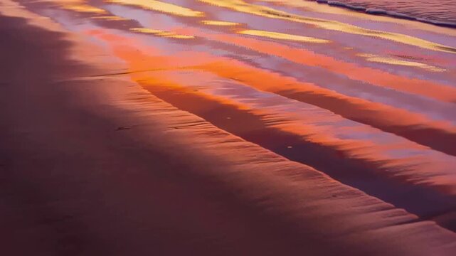 Shifting sunset light bathing wet sand shoreline with parallel channels, reflecting vivid colors