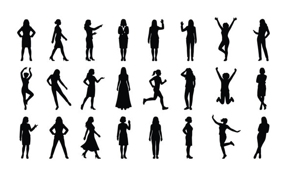 Black female silhouettes collection, 24 diverse woman character poses vector set, standing and walking female figures for architectural visualization