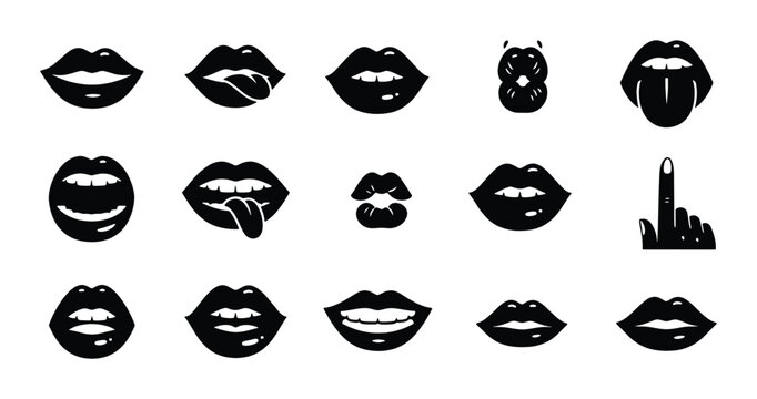 Black lips vector icons set, female mouth silhouettes with various expressions, 15 sexy lip stickers for beauty and fashion design, minimalist facial elements