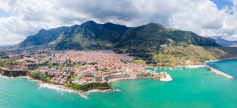 Castellammare del Golfo town aerial panoramic view