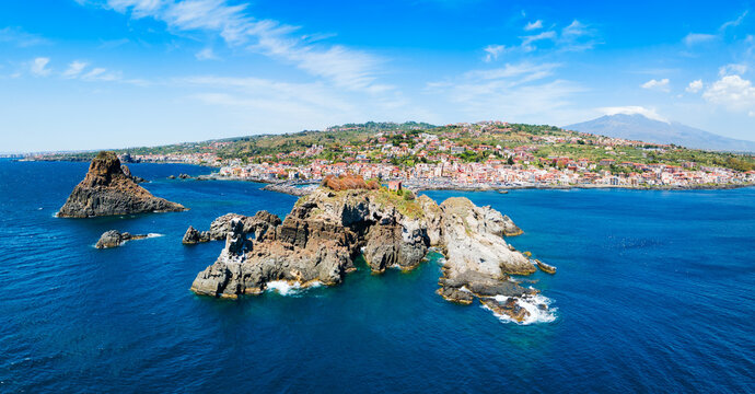Cyclopean Isles aerial panoramic view in Aci Trezza