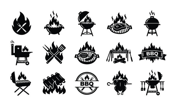 Barbecue grill icon set, 15 black BBQ vector silhouettes with fire flames, outdoor cooking equipment and meat grilling symbols for restaurant menus