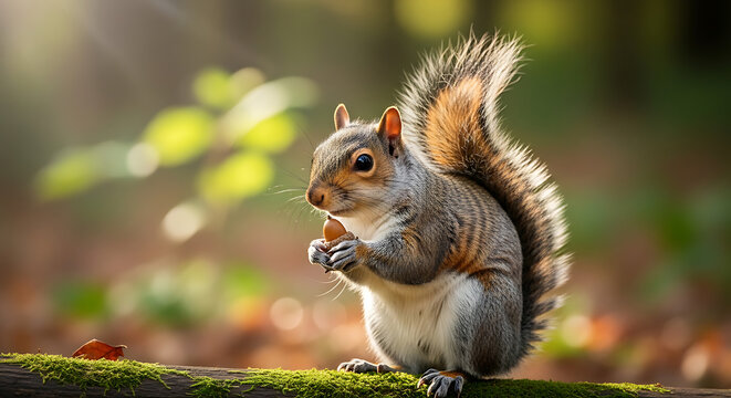 A squirrel standing on a mossy log eating a nut in the forest