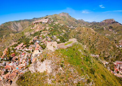 Taormina Castle or Monte Tauro Castello Taormina aerial view