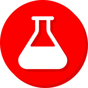 White lab flask beaker symbol on red round button for science and education apps