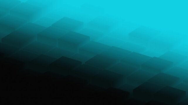 Grid of dark geometric blocks emerging from a dense blue fog with soft overhead lighting symbolizing digital infrastructure and systematic business growth