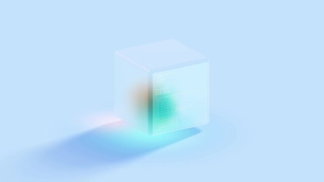 Translucent glass cube with floating computer code on a light blue background illustrates software development and artificial intelligence programming