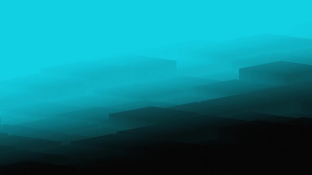 Cyan cubic shapes emerging from a misty dark background symbolize cloud computing concepts and decentralized blockchain data storage networks