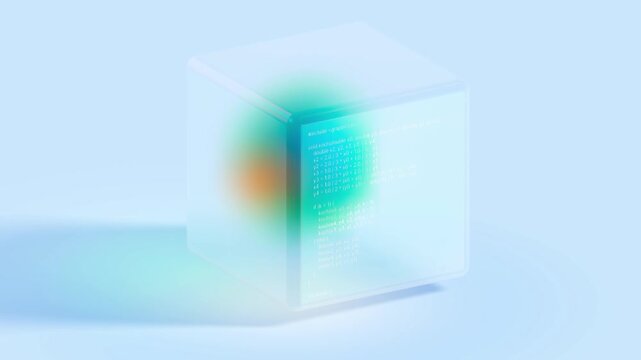 Floating transparent cube displaying complex C plus plus computer code on a soft blue background signifies cloud engineering and backend architecture