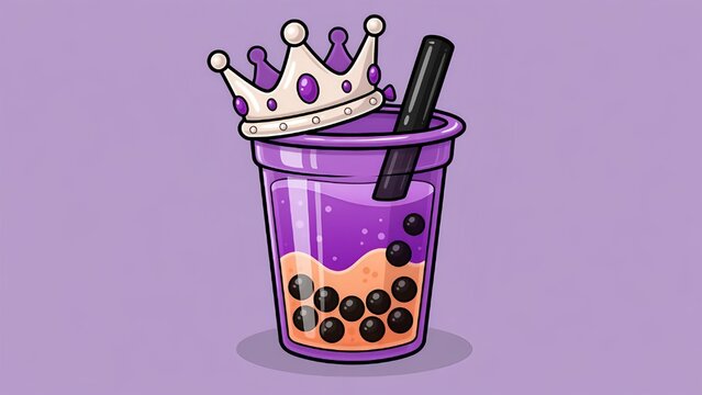Purple bubble tea illustration with royal crown, taro milk tea with black tapioca pearls, cute boba tea cartoon character for cafe branding