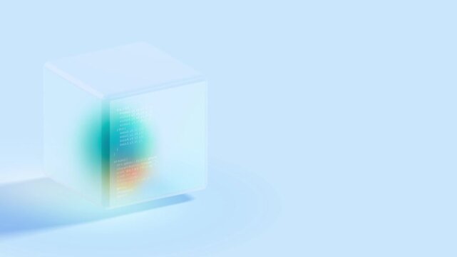 Glowing frosted cube containing lines of computer code and colorful light flares represents quantum computing and advanced machine learning algorithms