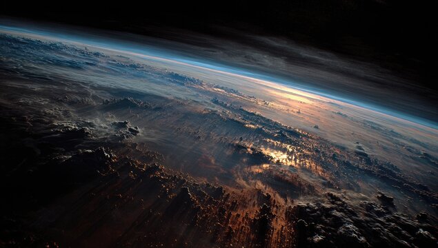 A breathtaking view from space showcases a dramatic interplay of light and shadow across a textured Earth, highlighting the planet's atmospheric beauty and geological formations.